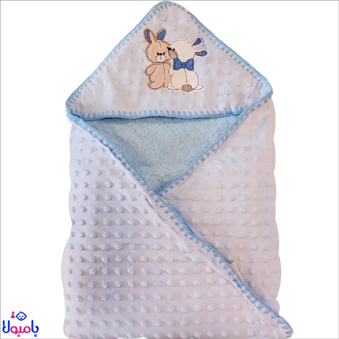 پتو دورپیچ کلاهدار نوزاد آبی طرح خرگوش79*82سانتیمتر