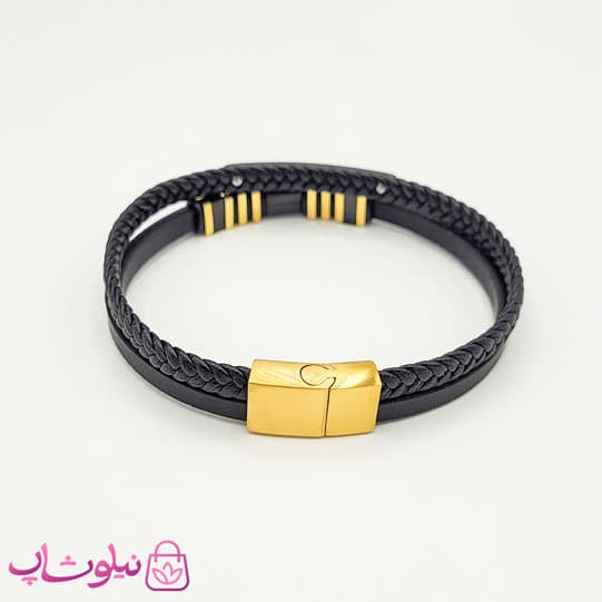 دستبند مردانه چرم استیل رولکس مشکی طلایی کد 348 — تصویر ۲
