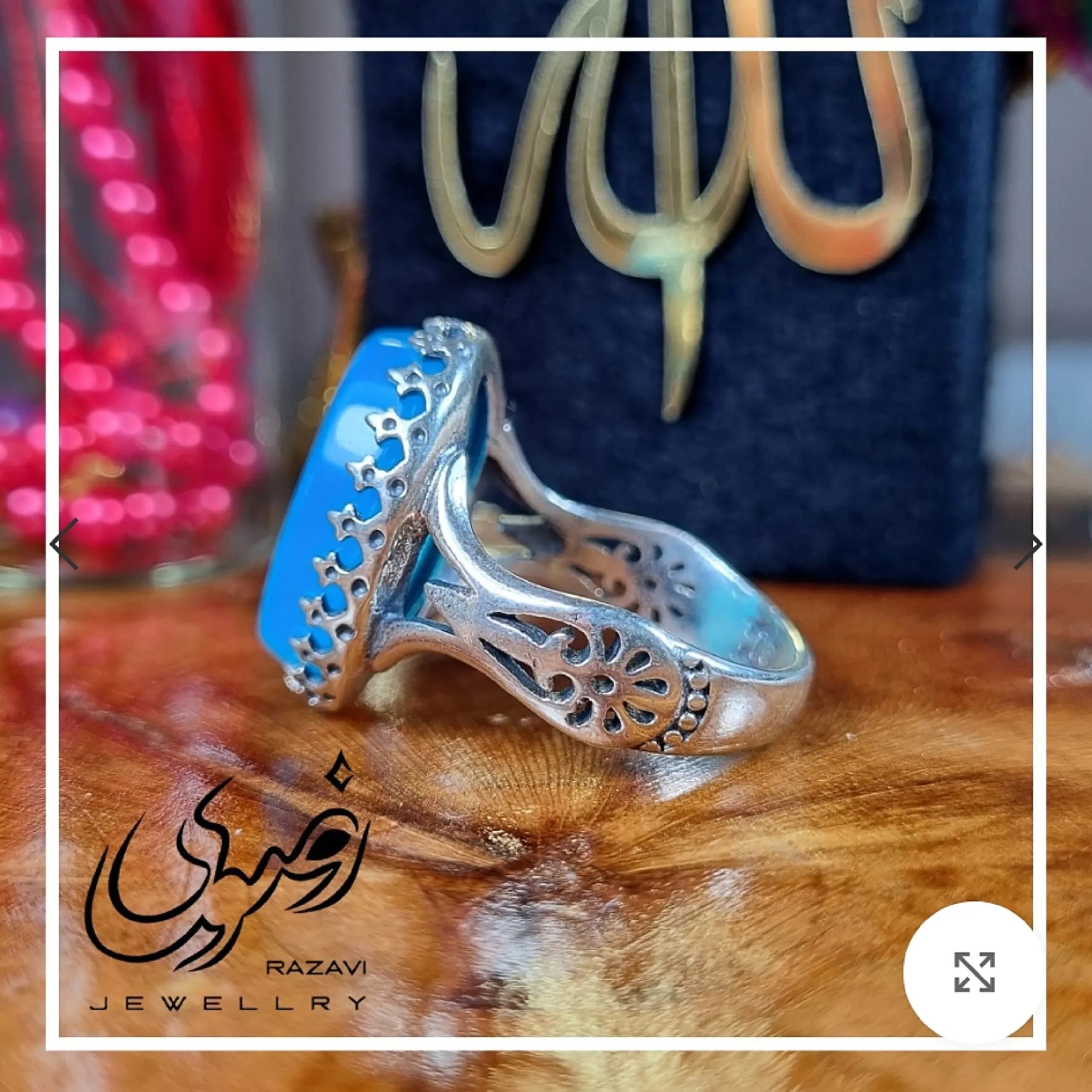 انگشتر مردانه نقره روس با نگین عقیق آبی و حکاکی دست استاد فتح — تصویر ۷