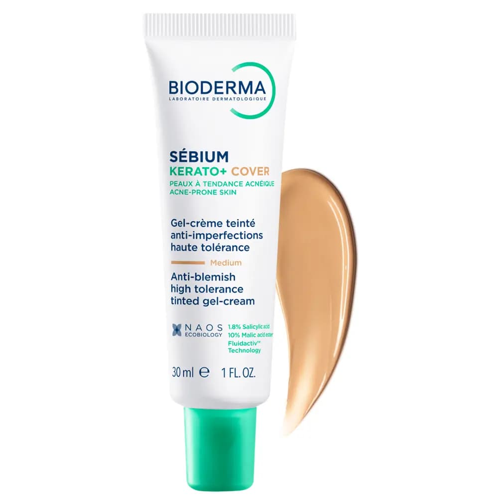 ژل کرم ضد جوش و آبرسان رنگی بایودرما سری Sebium مدل Kerato+ Cover رنگ متوسط حجم ۳۰ میلی لیتر