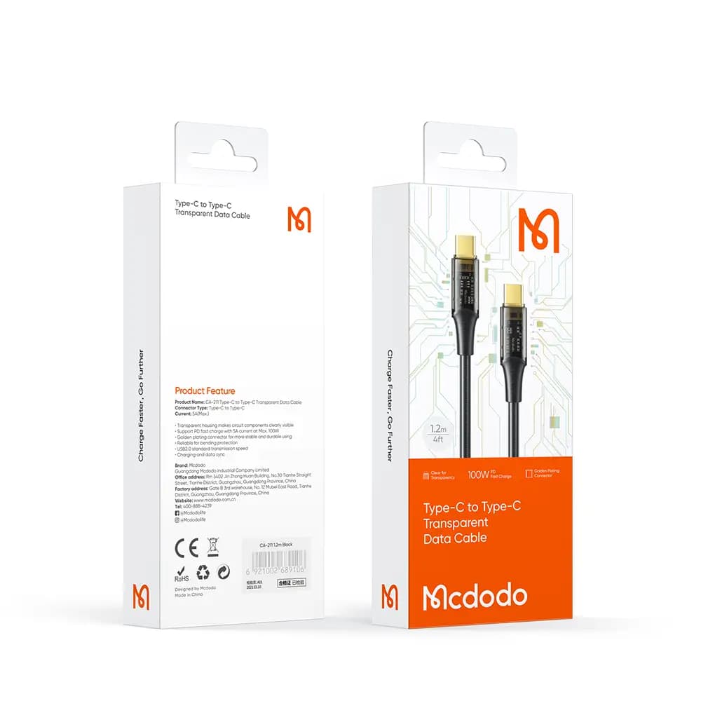 کابل تبدیل فست شارژ مک دودو 2110 Mcdodo CA-2110 Type-C to Type-C 5A PD 100W 1.2m کد 8836 — تصویر ۴