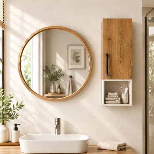 ست آینه گرد طرح چوب و باکس دیواری مدل D50