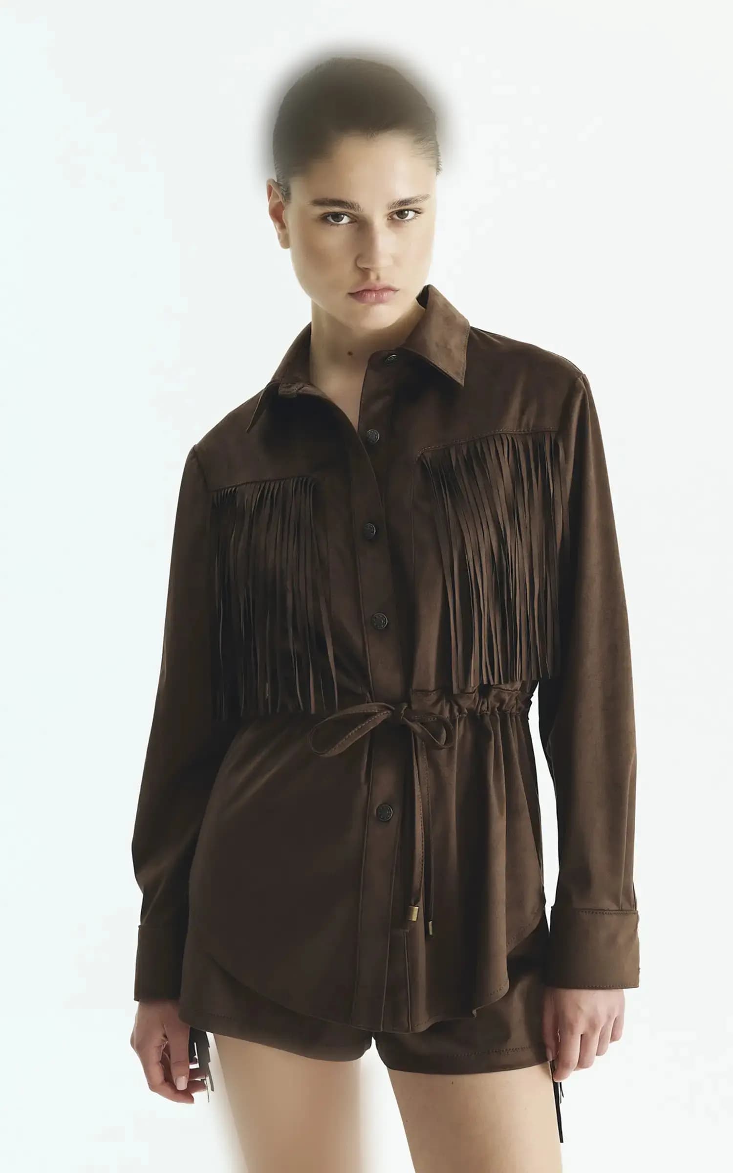 شومیز زنانه قهوه‌ای کمربندی آستین بلند ROMAN کد K2713302 — تصویر ۳