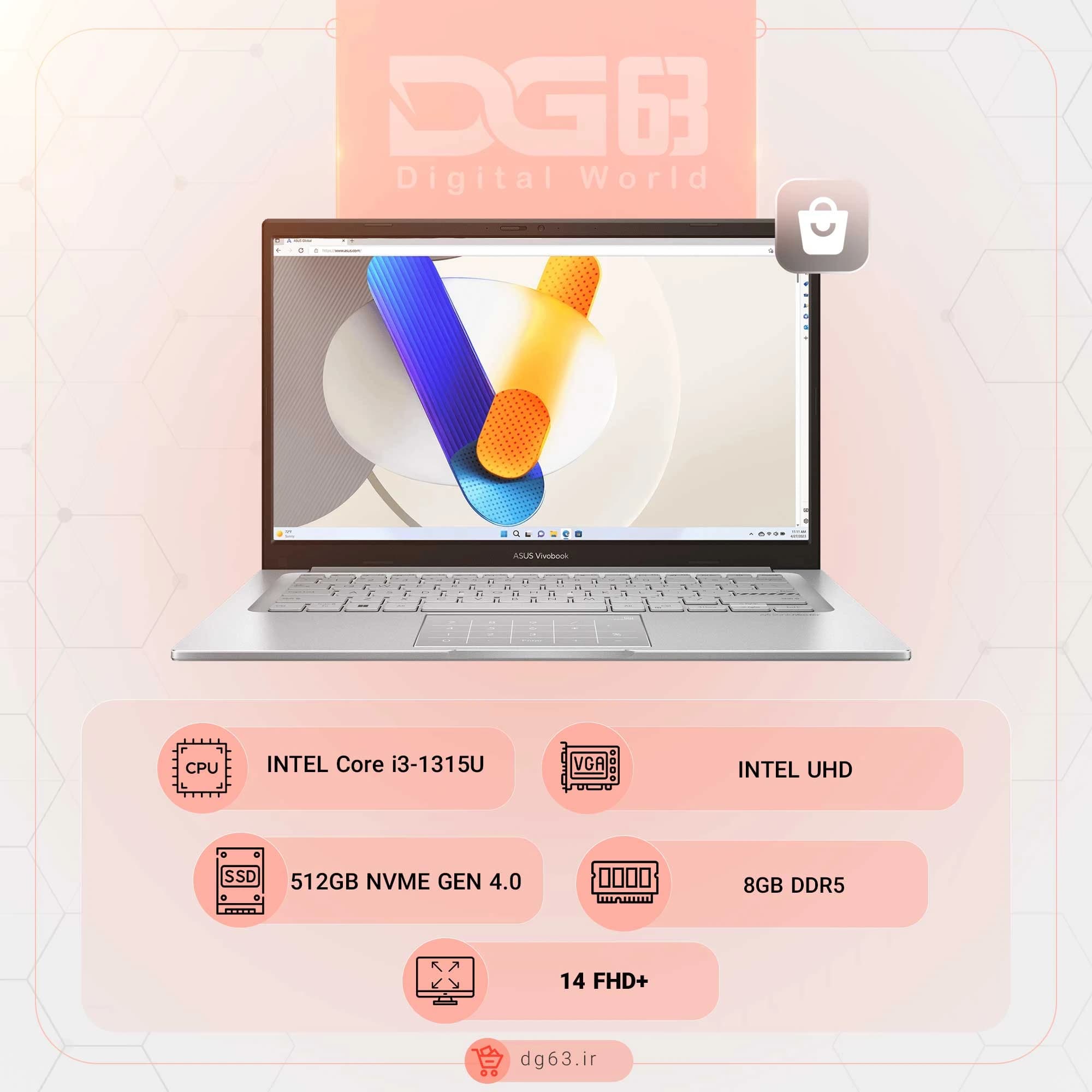 لپ تاپ ایسوس ASUS Vivobook 14 X1404VA-NK711 / i3-1315U /8GB / 512GB / Intel UHD — تصویر ۶