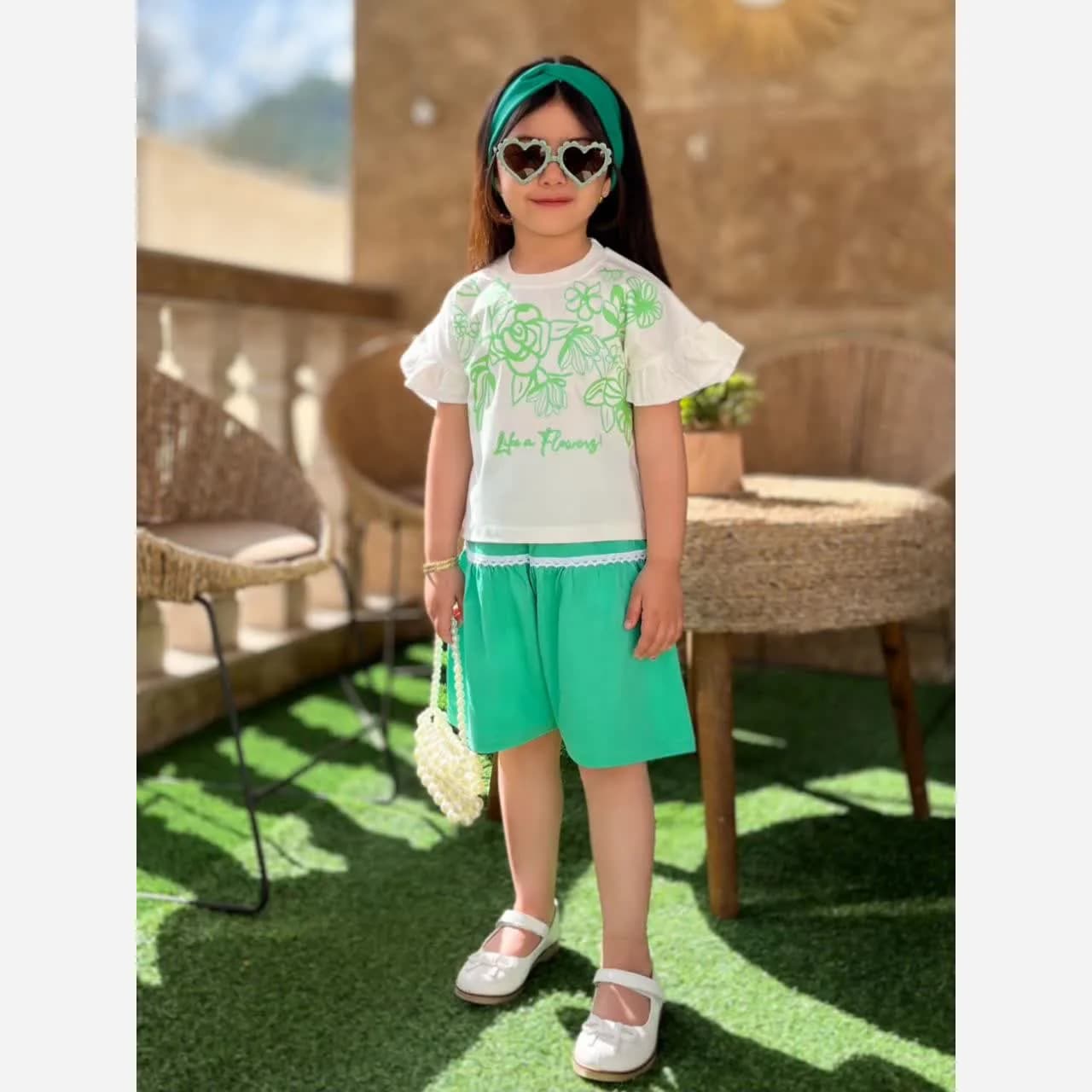 ست کراپ و شلوارک دخترانه طرح گل نخی جنس یک رو پنبه — تصویر ۲