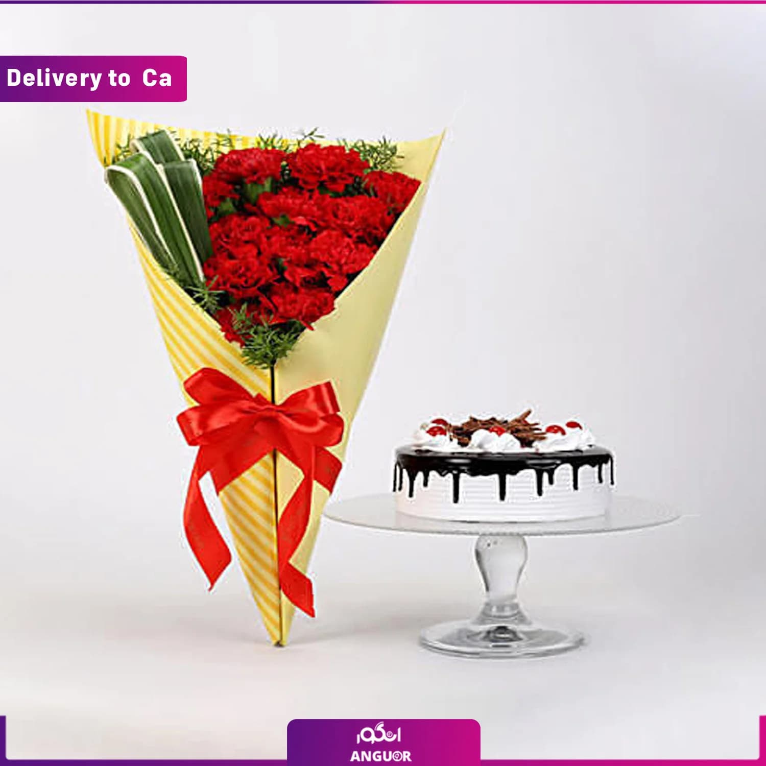 دسته گل میخک قرمز با کیک (ارسال گل به کانادا )