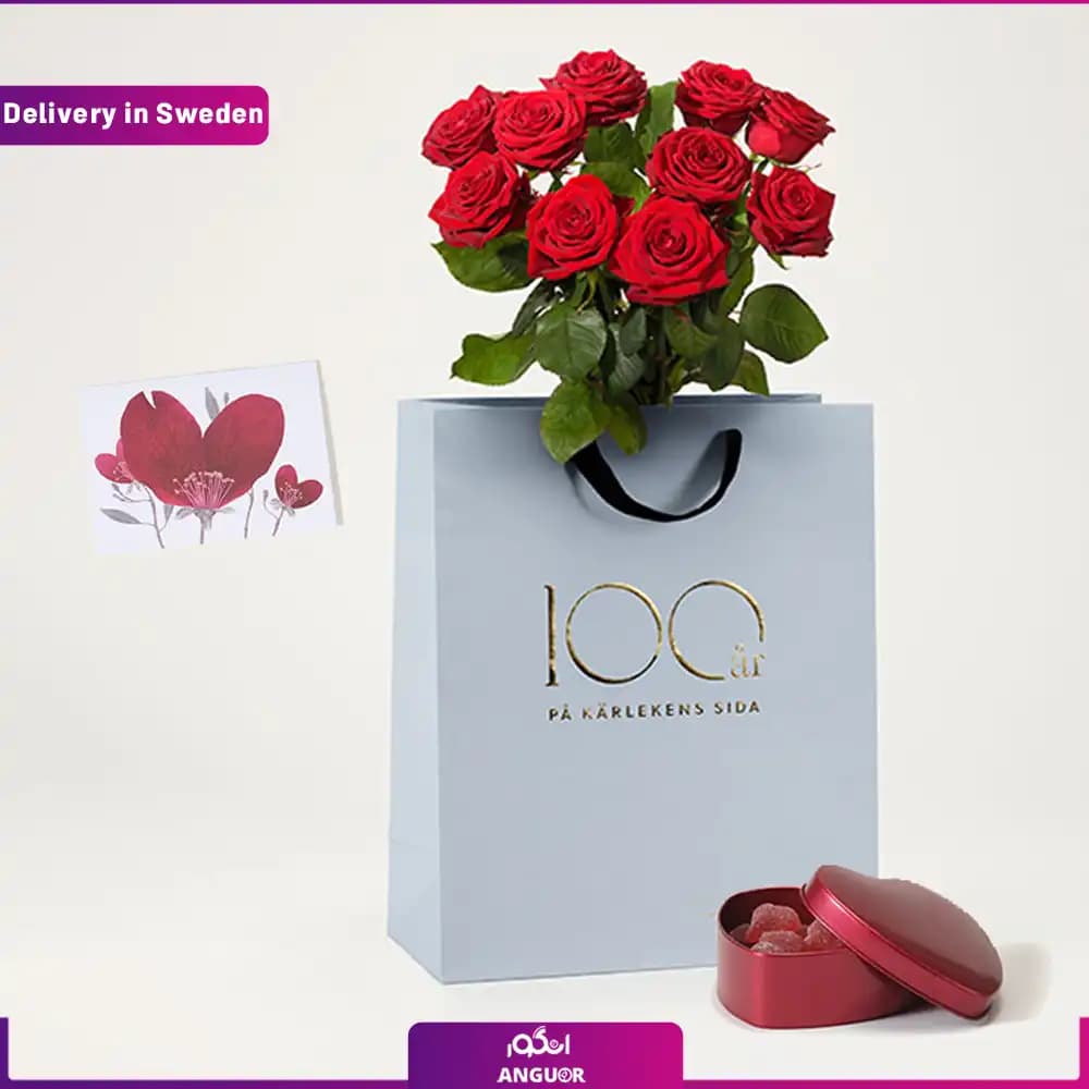 دسته گل 10 شاخه رز + ساکت دستی و قلب ژله ای (ارسال گل به سوئد )