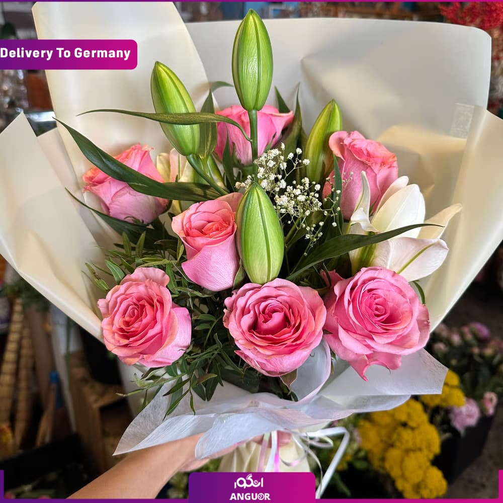 دسته گل با رز و لیلیوم (ارسال گل به آلمان)