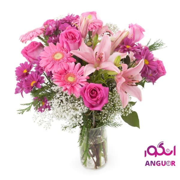 دسته گل pink lilies roses and gerberas(ارسال گل به ایتالیا )