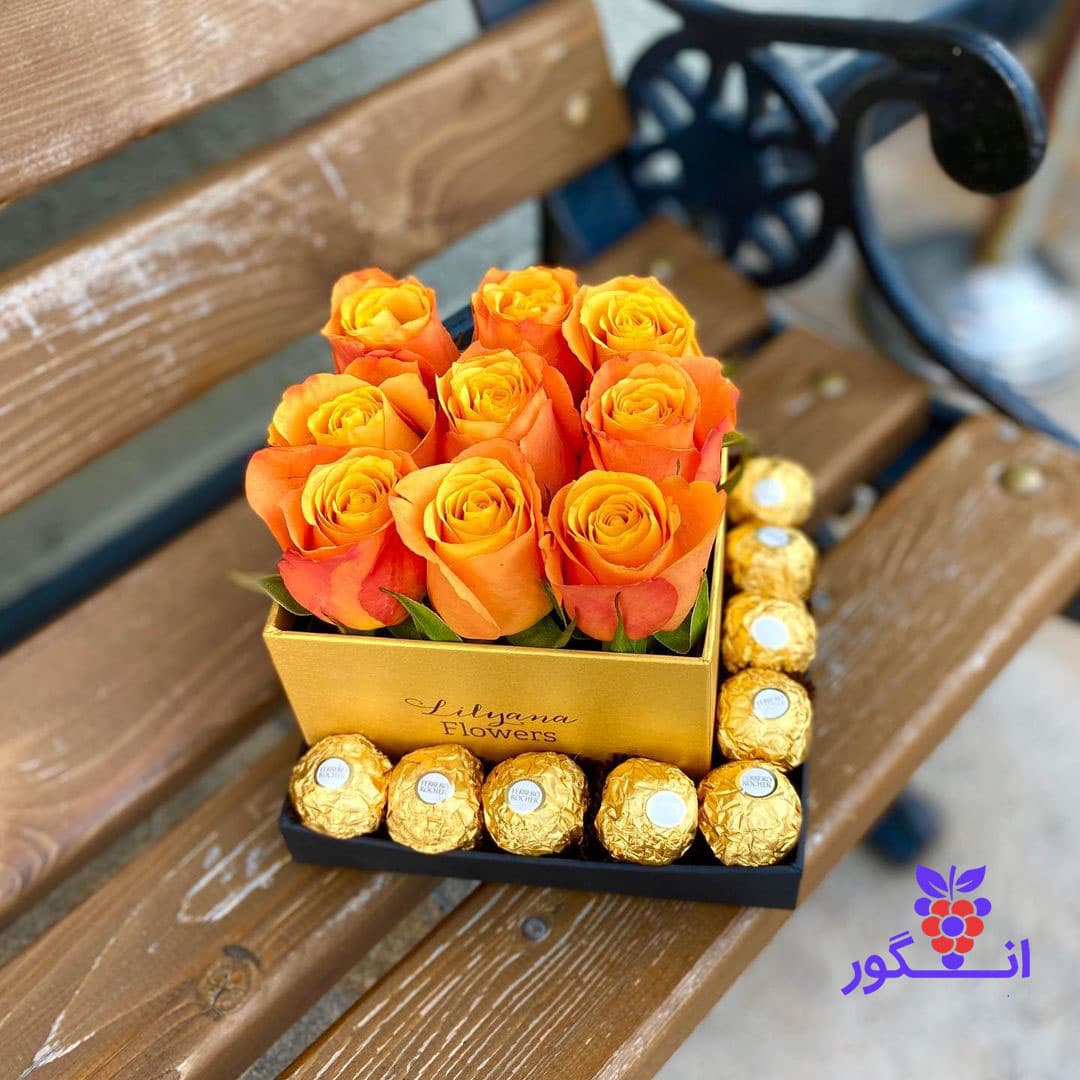 فلاور باکس ماهوَر (گل رز نارنجی با شکلات) | باکس گل ولنتاین