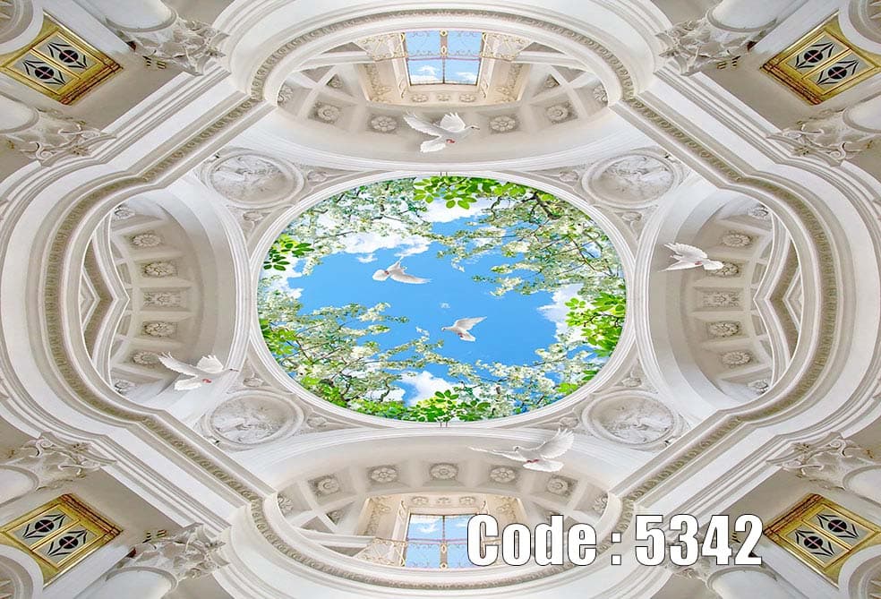 پوستر دیواری سقفی آسمان کلاسیک با کبوترهای سفید | گنبد سلطنتی لاکچری