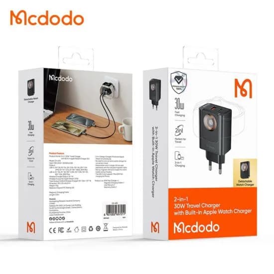 شارژر دیواری 2 پورت و شارژر وایرلس مک دودو Mcdodo CH-370 توان 30 وات با قابلیت شارژ اپل واچ — تصویر ۵