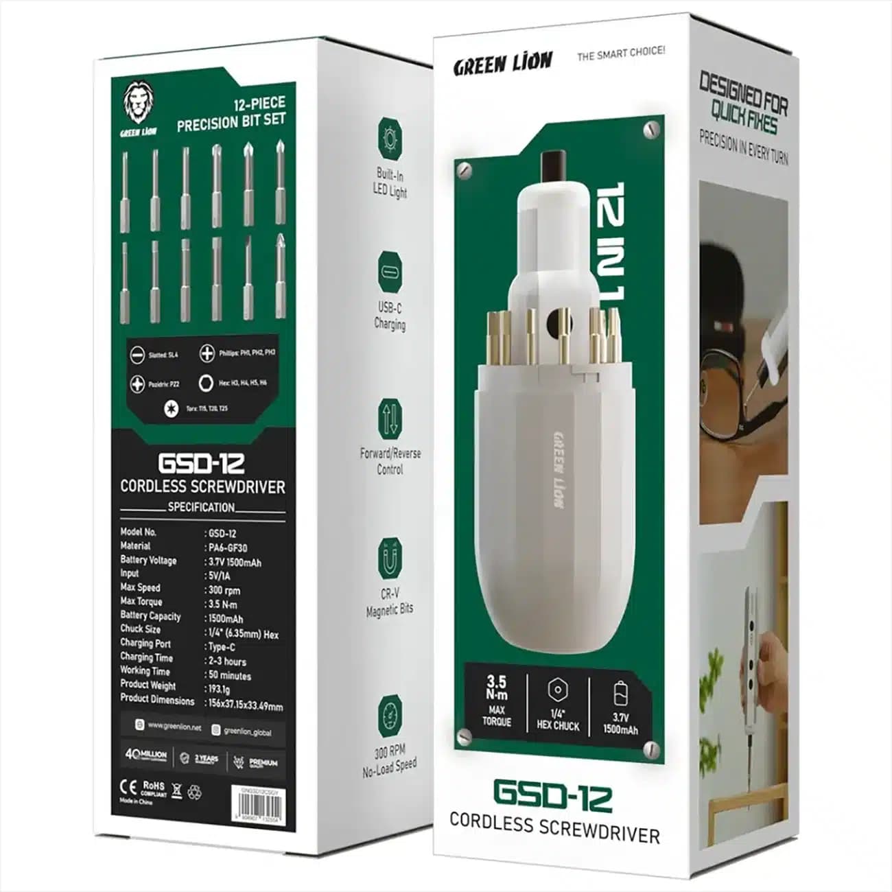 پیچ گوشتی شارژی گرین لاین Green Lion مدل GSD-12 با ۱۲ سری مغناطیسی — تصویر ۱۲