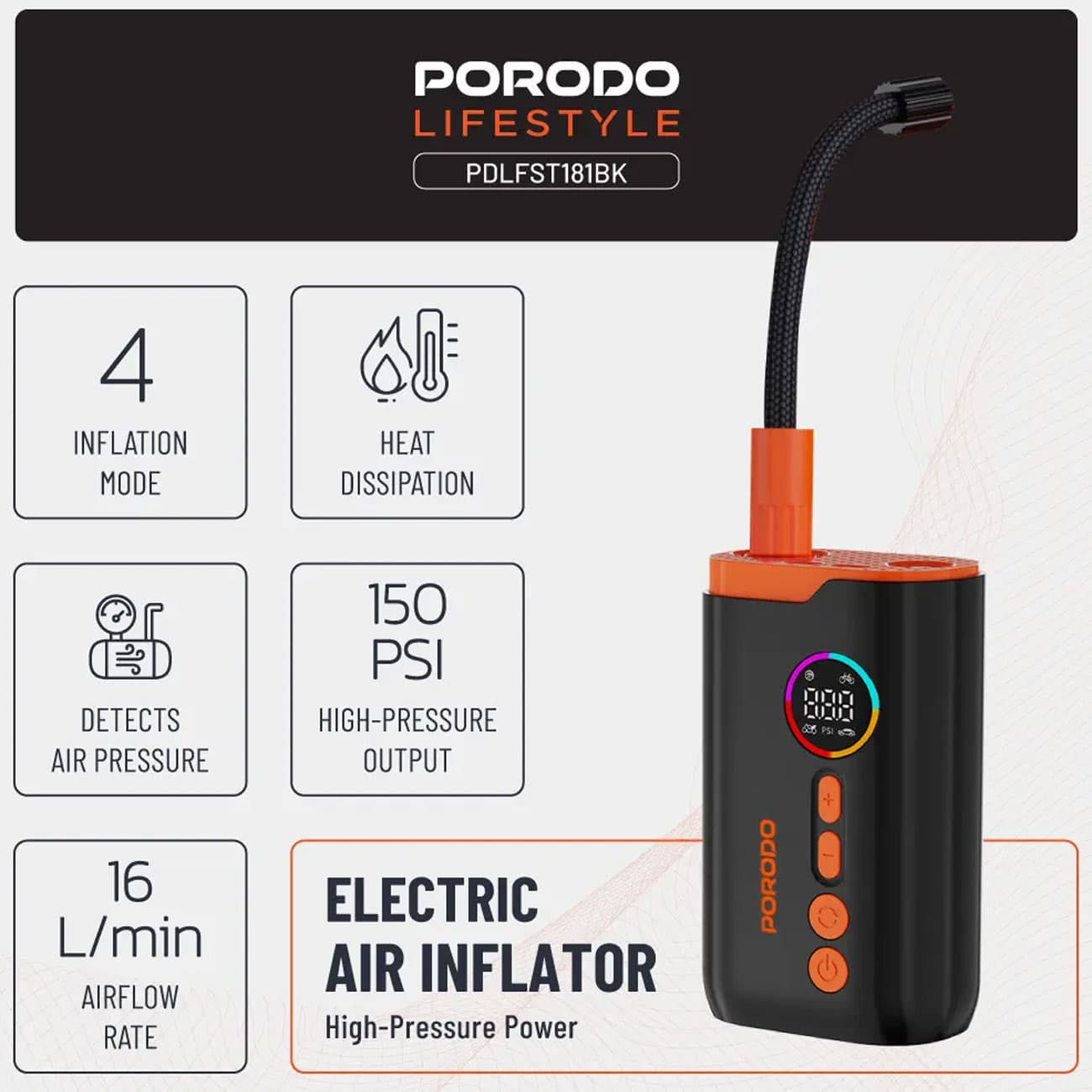 پمپ باد شارژی پورودو Porodo مدل PDLFST181BK توان 55 وات — تصویر ۸