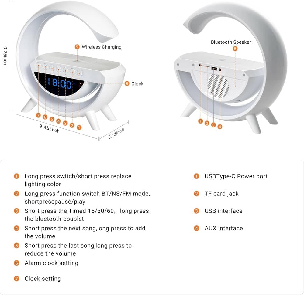 اسپیکر و چراغ شب خواب RGB و ساعت دیجتال و شارژر وایرلس P-NET BT-3401 — تصویر ۴