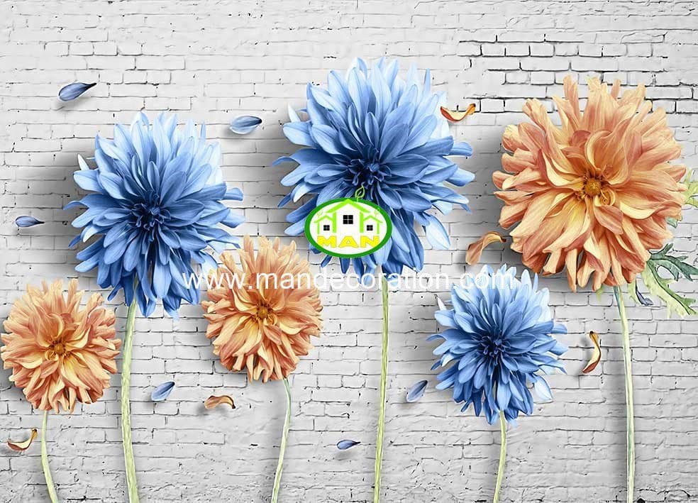پوستردیواری گل آبی و نارنجی سه بعدی کد 13405
