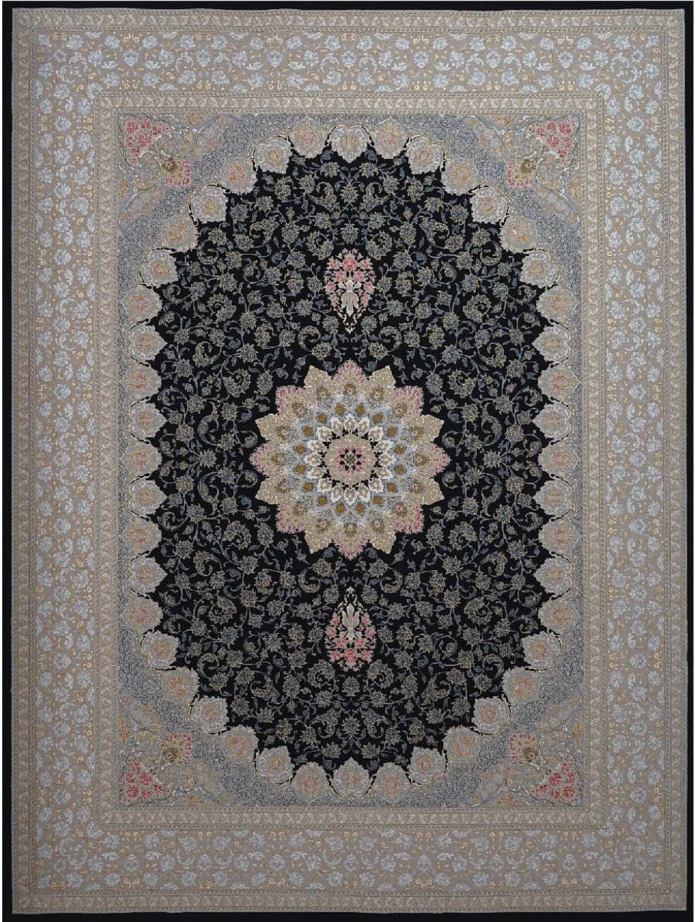 فرش ۷۰۰ شانه نقشه گیلدا زمینه سرمه ای طلاکوب