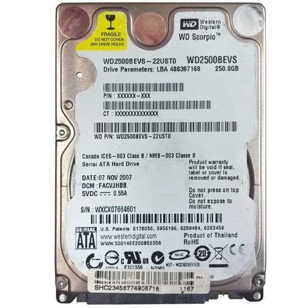 هارددیسک اینترنال وسترن دیجیتال مدل WD2500BEVS ظرفیت 250 گیگابایت