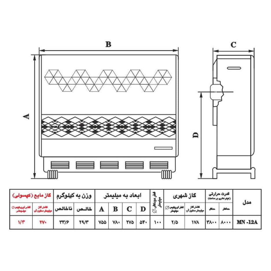 بخاری گازی نیک کالا MN12A مدل مرجان الماسه — تصویر ۵
