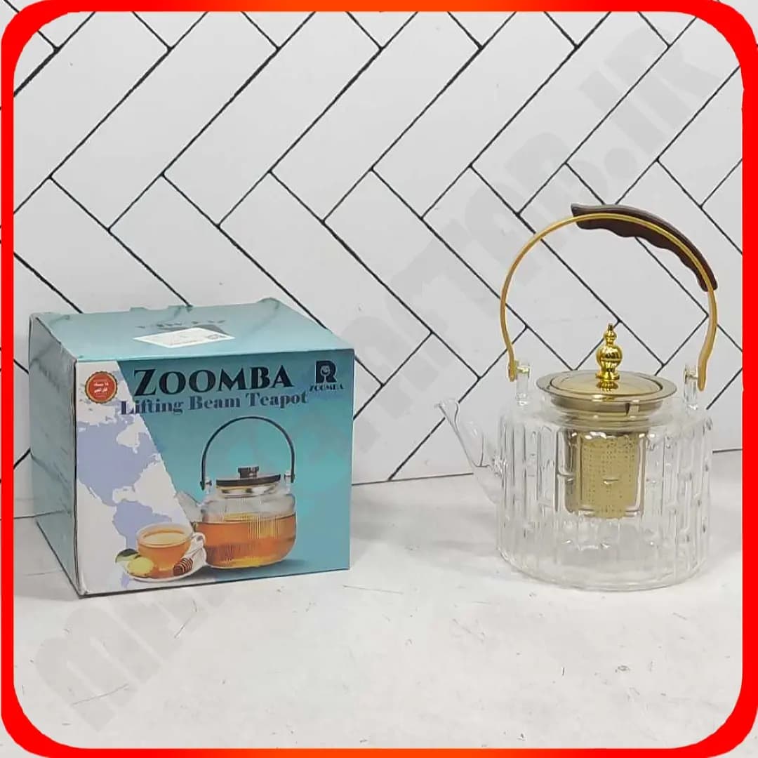 قوری پیرکس صافی دار آجری دسته طلایی چوبی حجم 1200 میل زومبا