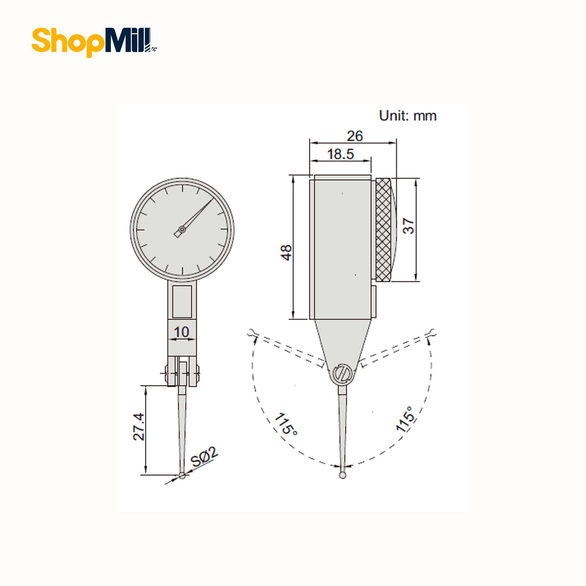 ساعت شیطونکی اینسایز (Insize) کورس 0.8 میلی متر پایه بلند مدل 08-2383 — تصویر ۲