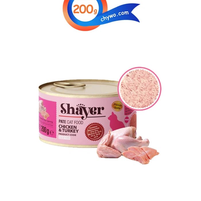 کنسرو گربه شایر طعم مرغ و بوقلمون مدل پته ای وزن 200 گرم Shayer Pate Cat Food