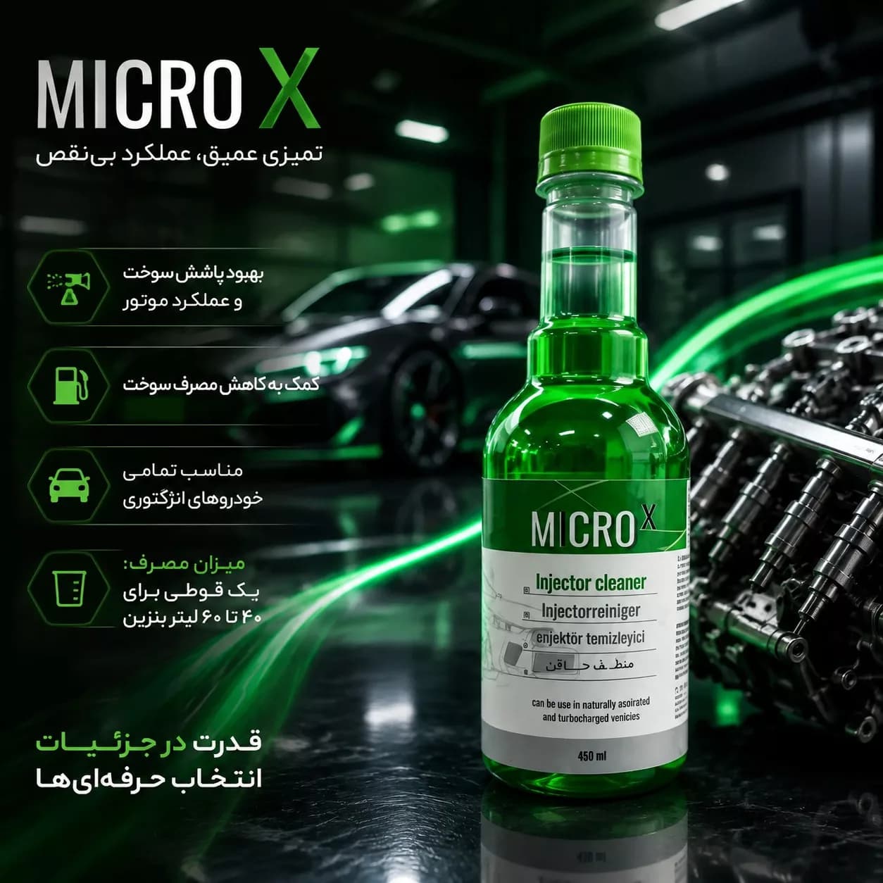 انژکتور شور خودرو بنزینی میکروایکس بیاض کد 05 حجم 450 میلی لیتر — تصویر ۲