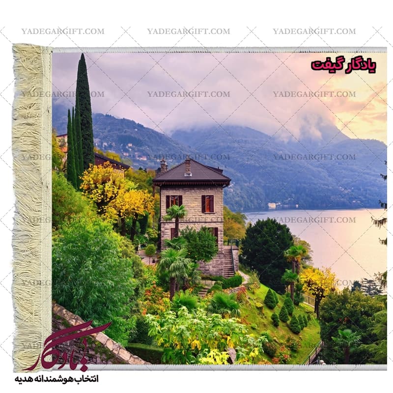 تابلو فرش ماشینی طرح منظره باغ ویلا دریاچه کومو کد m139 — تصویر ۲