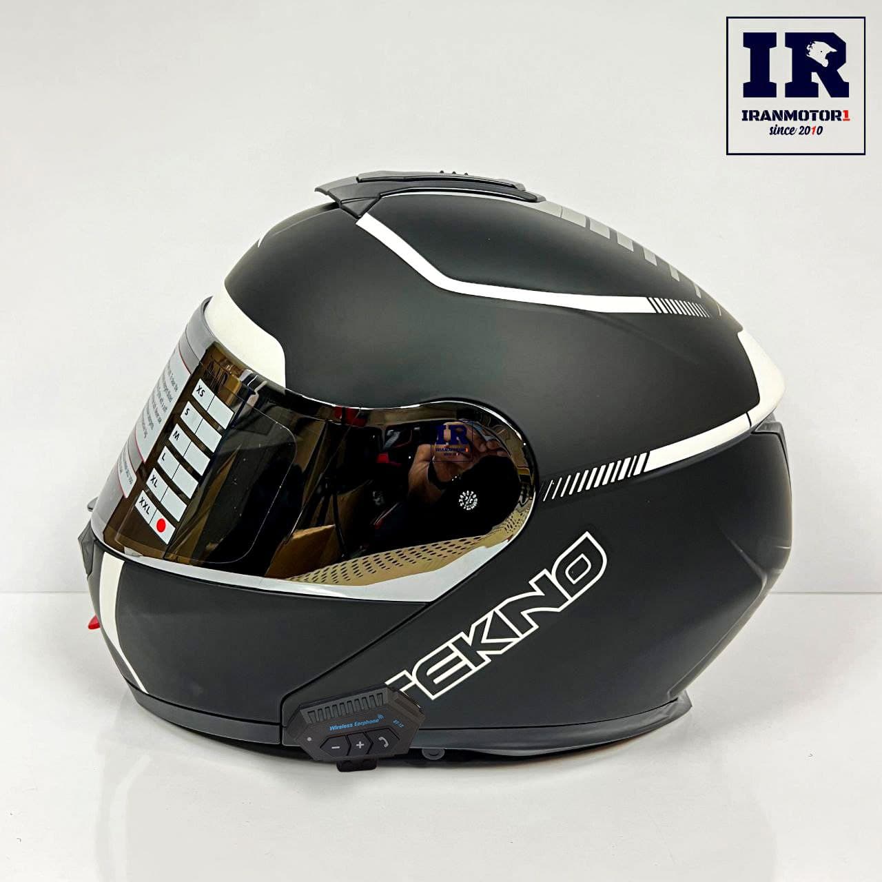 کلاه کاسکت بلوتوث دار فک متحرک تکنو Tekno – مشکی سفید مات + BT12