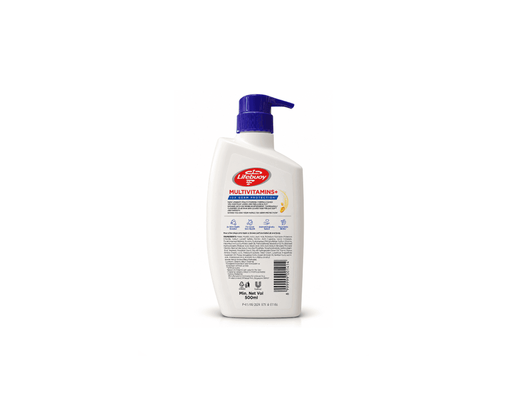 شامپو بدن پمپی لایف بوی Lifebuoy مدل Multivitamins+ Gentle Skincare با ۱۰ برابر مرطوب کننده 10X Moisturizers حجم 500 میلی لیتر — تصویر ۲