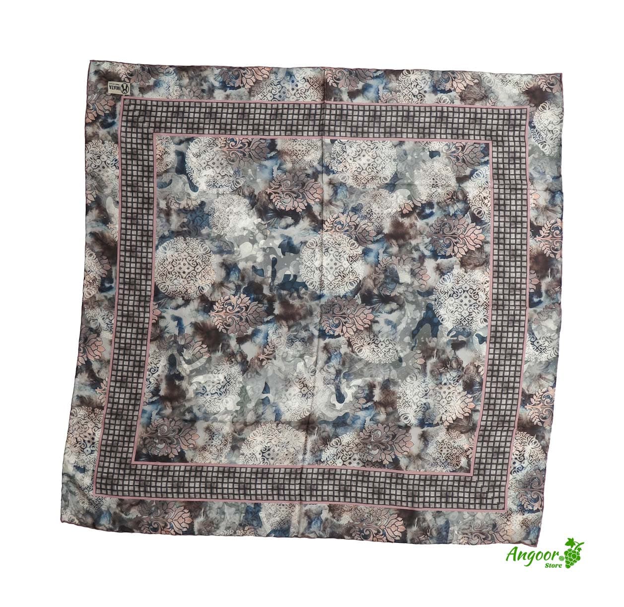روسری ابریشم مام وارداتی طوسی صورتی طرح گل کد 1342 — تصویر ۲