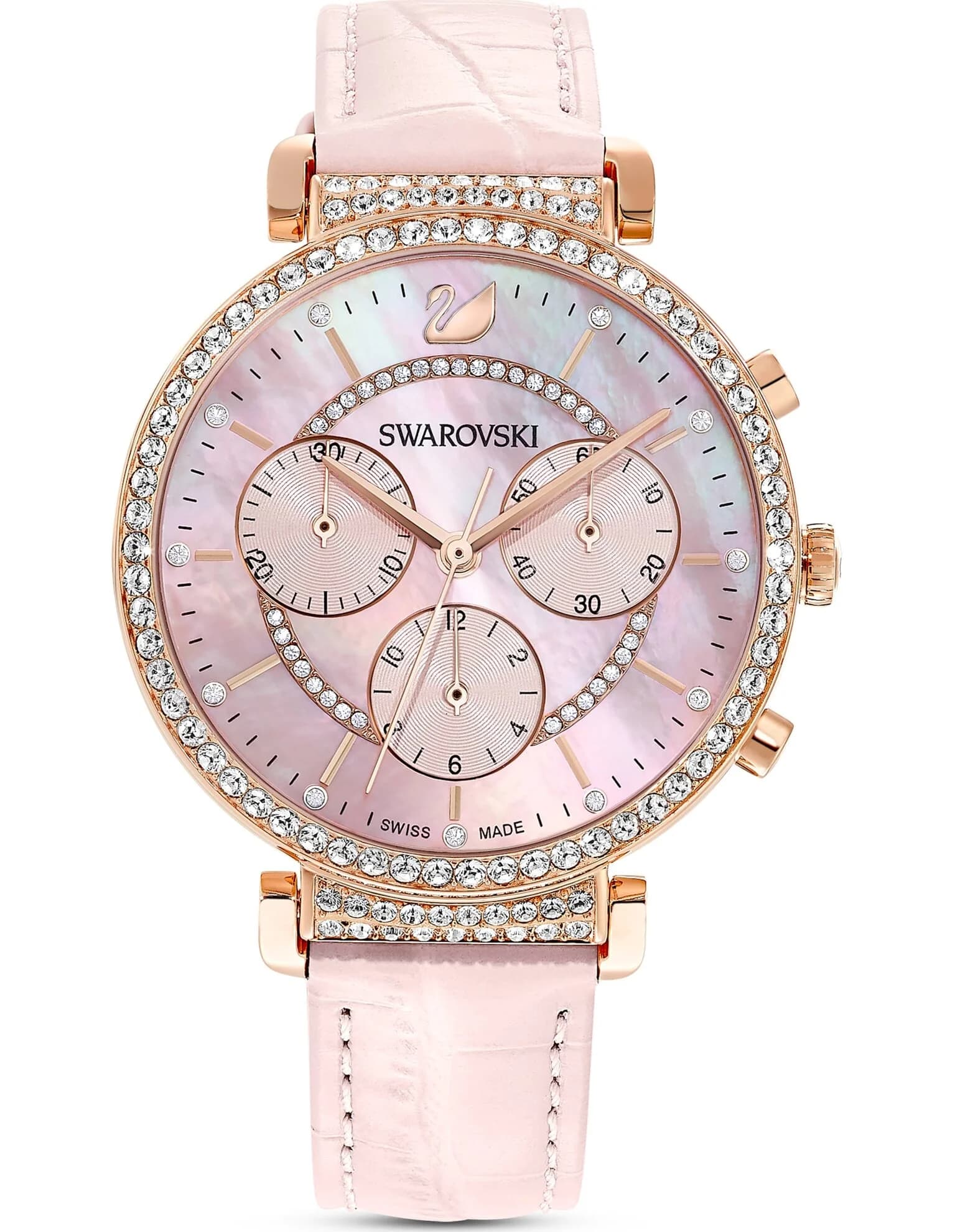 ساعت مچی صورتی رز گلد چرم سوئیسی سواروسکی اورجینال Swarovski Passage Chrono watch 5580352 — تصویر ۳