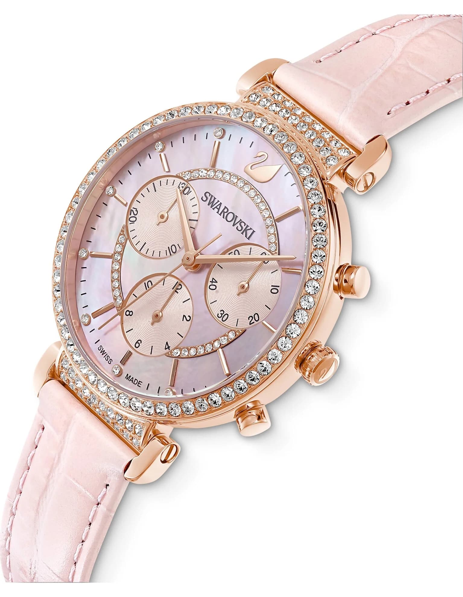 ساعت مچی صورتی رز گلد چرم سوئیسی سواروسکی اورجینال Swarovski Passage Chrono watch 5580352 — تصویر ۴