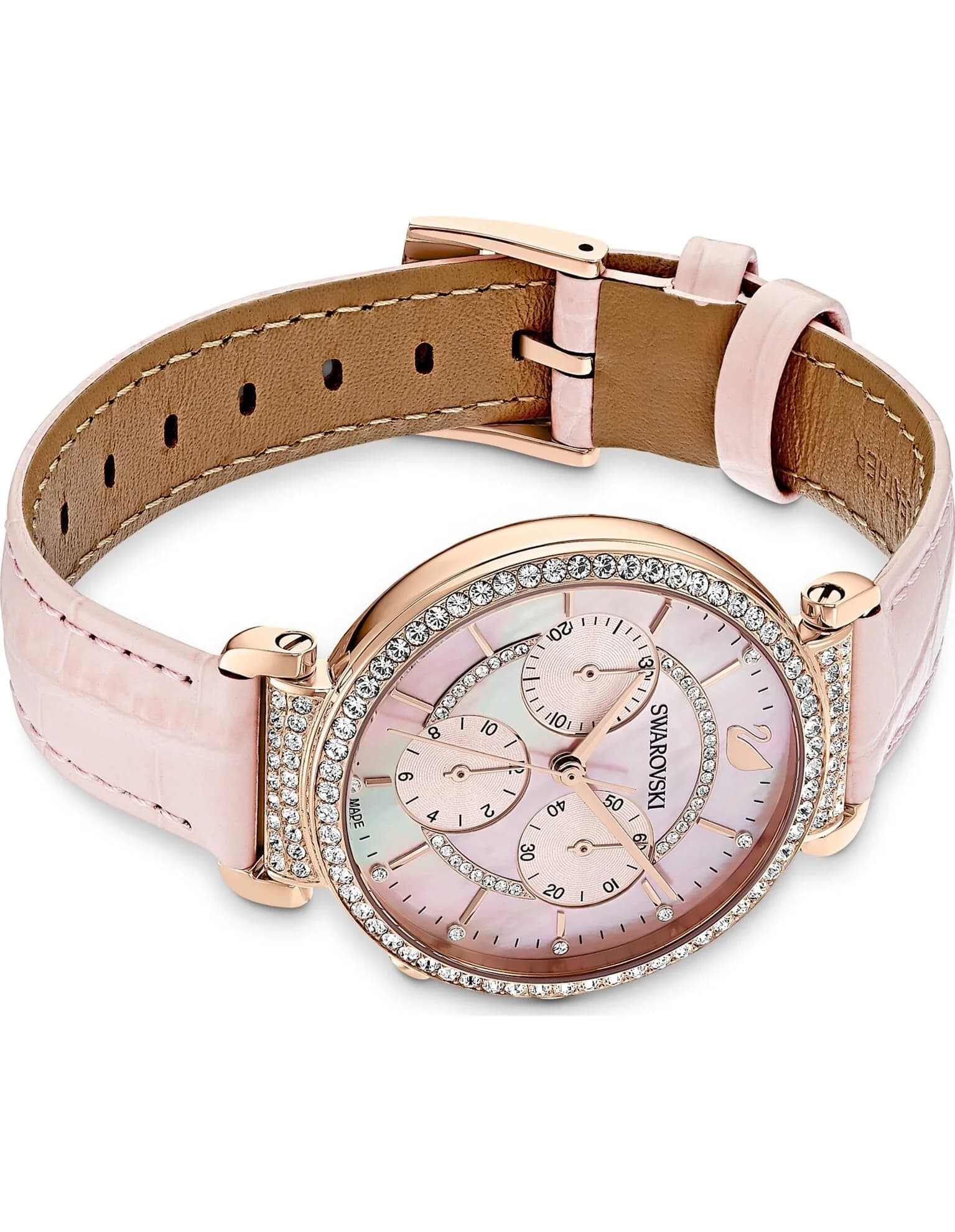 ساعت مچی صورتی رز گلد چرم سوئیسی سواروسکی اورجینال Swarovski Passage Chrono watch 5580352 — تصویر ۵