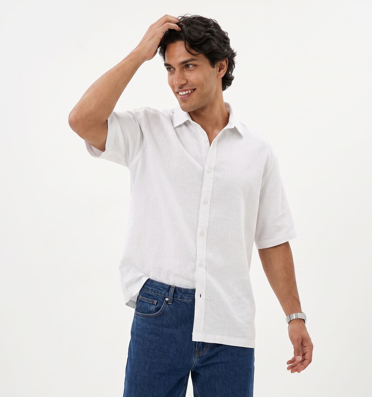 پیراهن آستین کوتاه مردانه باکسی ساده پنبه سفید کد 50661 — تصویر ۲