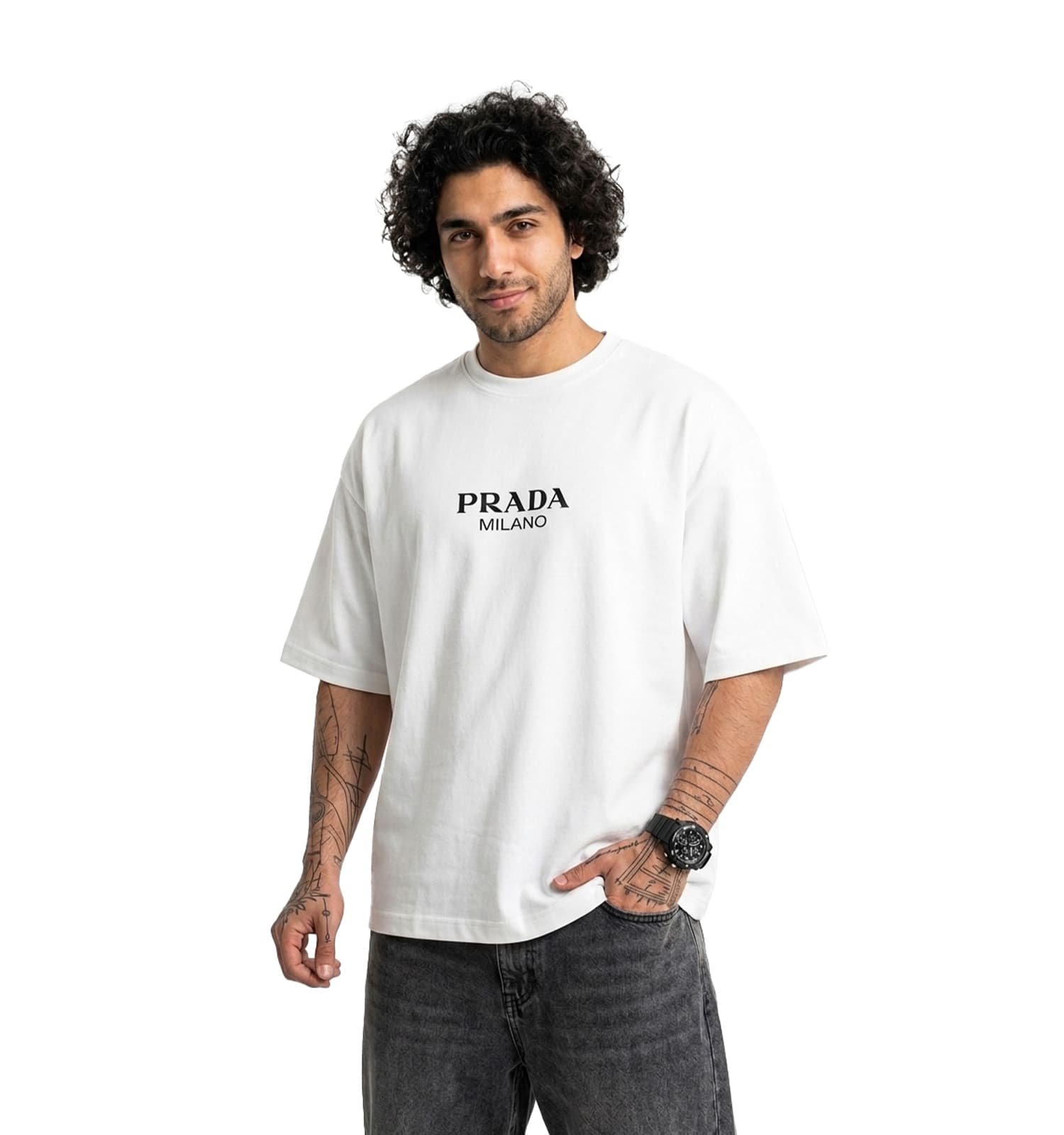 تیشرت Prada یقه گرد مردانه سفید دورس پنبه طرح دار کد 49668 — تصویر ۲
