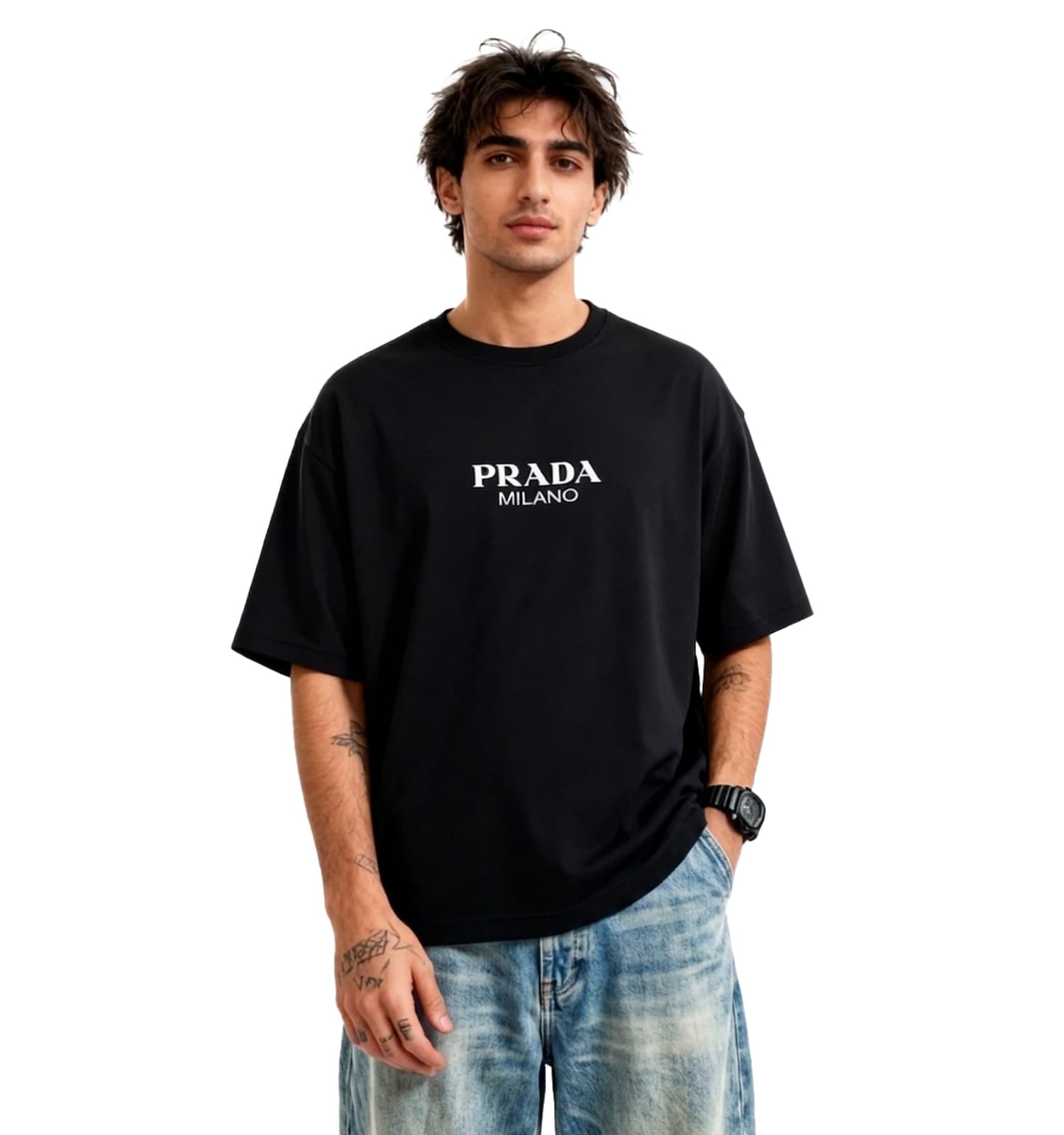 تیشرت Prada یقه گرد مردانه مشکی دورس پنبه طرح دار کد 49673 — تصویر ۲