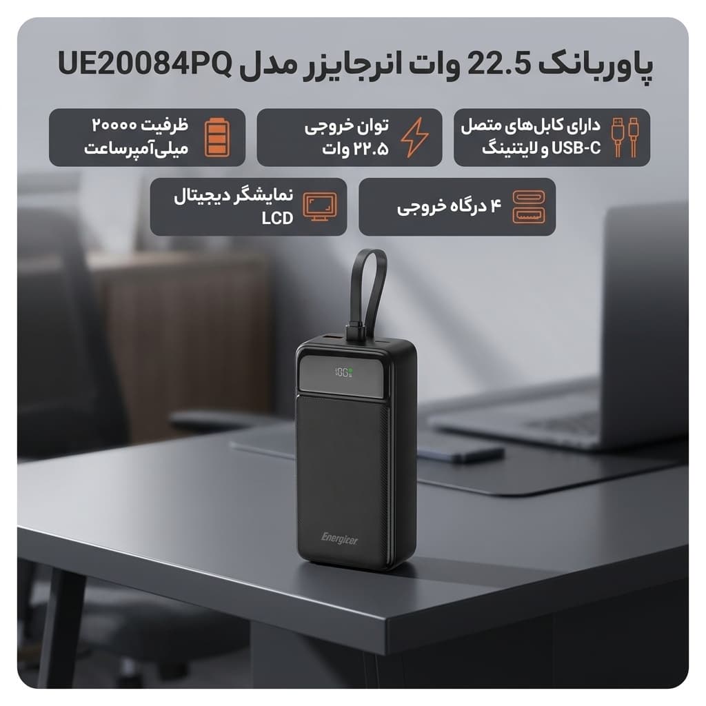 پاوربانک 22.5 وات انرجایزر مدل UE20084PQ ظرفیت 20000 میلی‌آمپرساعت به همراه سه کابل متصل USB-C و لایتنینگ — تصویر ۲