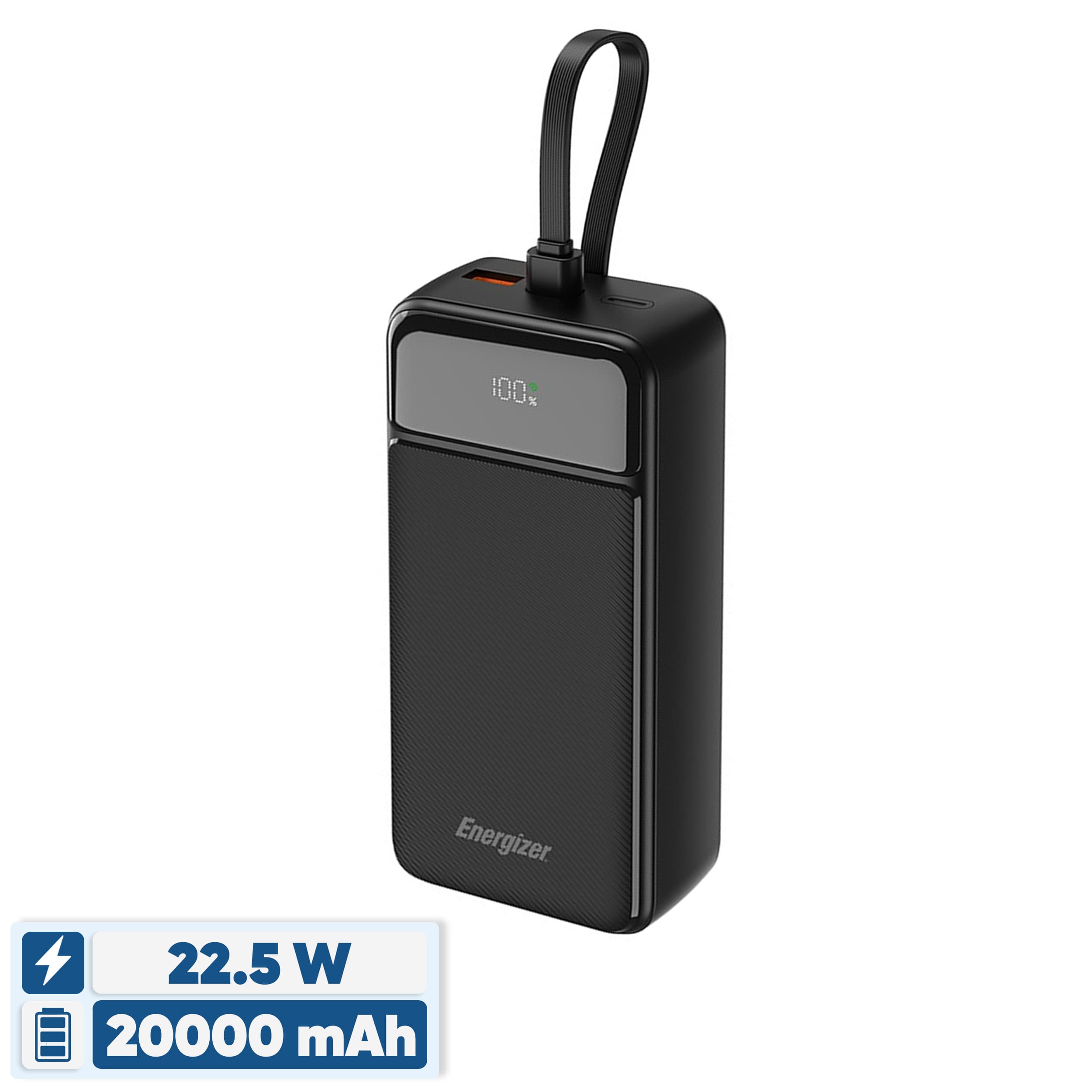 پاوربانک 22.5 وات انرجایزر مدل UE20084PQ ظرفیت 20000 میلی‌آمپرساعت به همراه سه کابل متصل USB-C و لایتنینگ — تصویر ۳