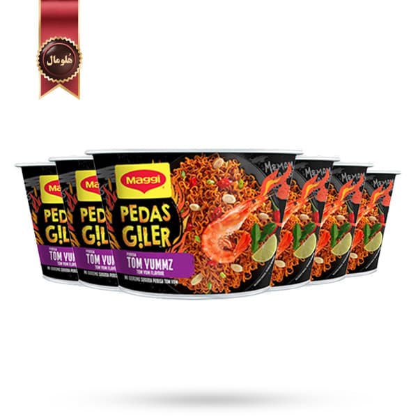 6 عدد نودل کاسه ای مگی Maggi مدل گیلر اسپایسی تام یومز Pedas Giler Tom Yummz وزن 90 گرم (اورجینال)