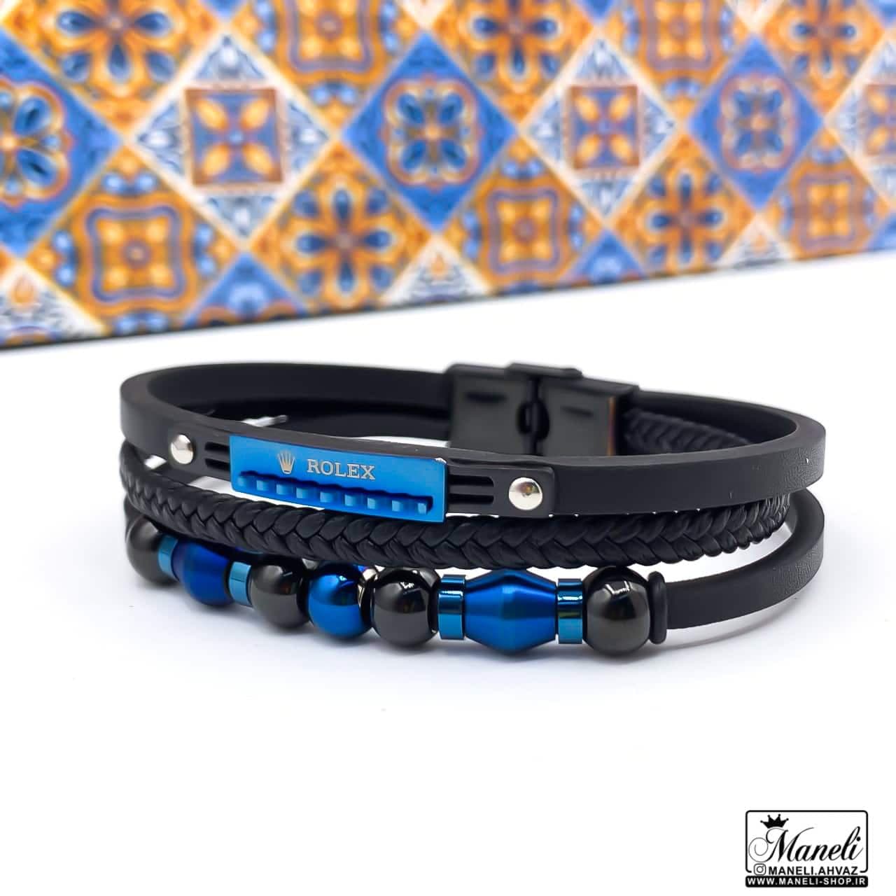 دستبند چرم با پلاک آبی کاربنی برند Rolex سه ردیفه 14020428 — تصویر ۳