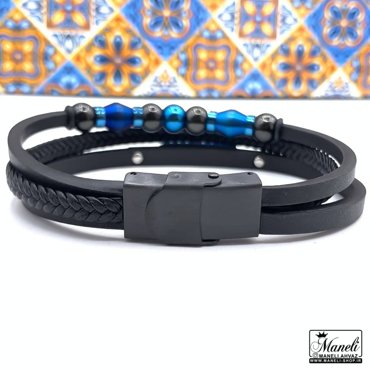 دستبند چرم با پلاک آبی کاربنی برند Rolex سه ردیفه 14020428 — تصویر ۲