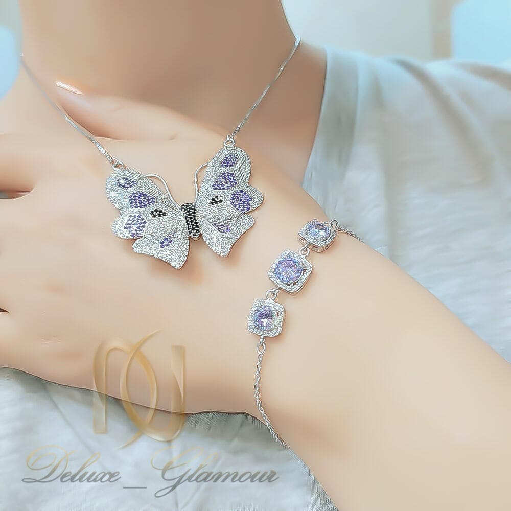 ست گردنبند پروانه و دستبند نقره زنانه نگین بنفش ce-n108 — تصویر ۳