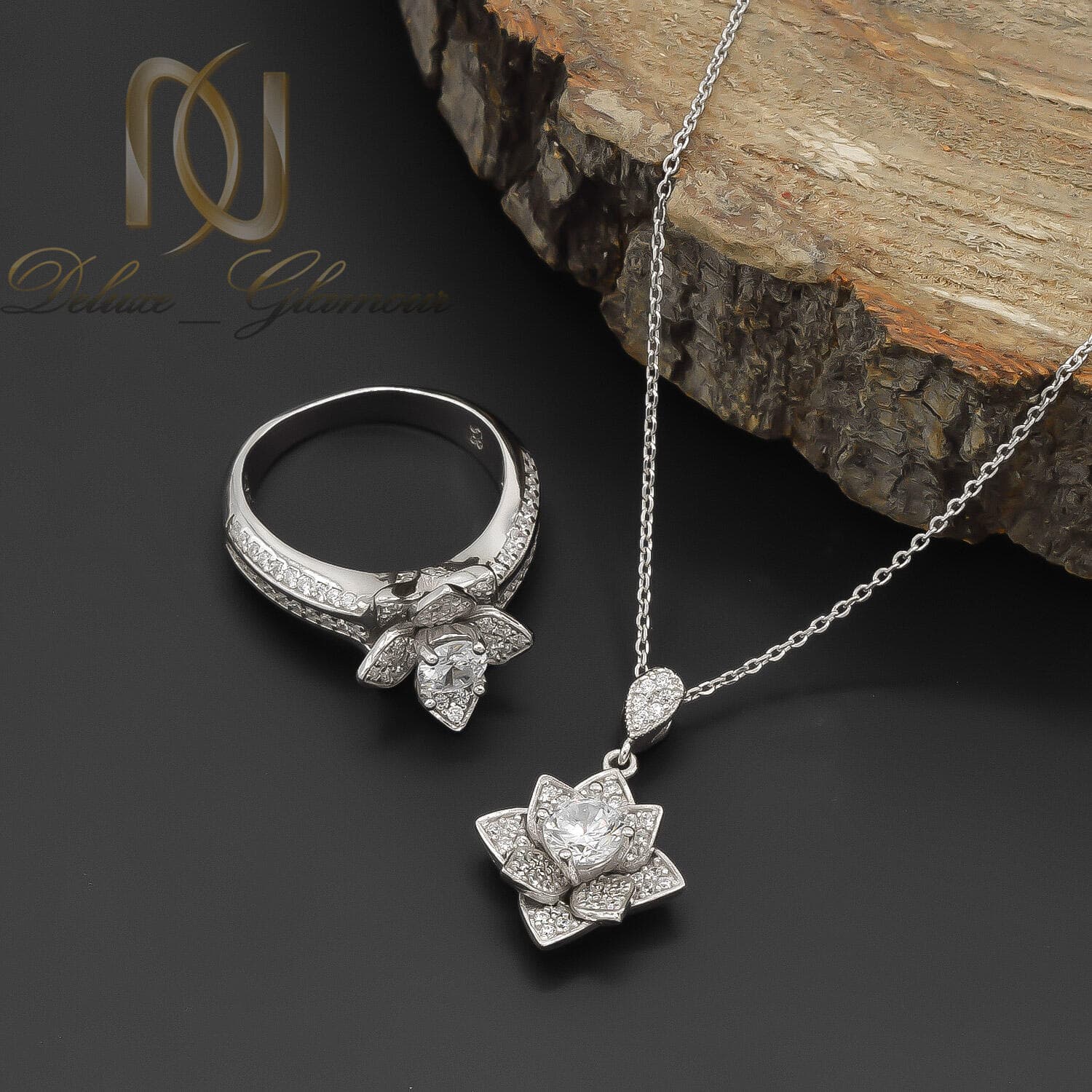 نیم ست گل رز نقره 925 زنانه نگین سفید ce-n104 — تصویر ۲