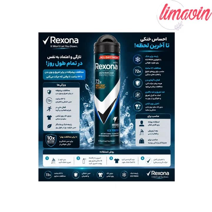 اسپری ضدتعریق مردانه رکسونا مدل Ice Fresh 72H حجم 200 میلیلیتر — تصویر ۲