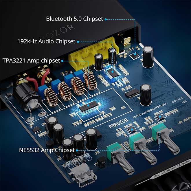 آمپلی فایر بلوتوث Hi-Fi استریو دیجیتال 192 کیلوهرتز 24 بیت 2 کاناله DAC با کنترل از راه دور 200 وات PROZOR — تصویر ۲