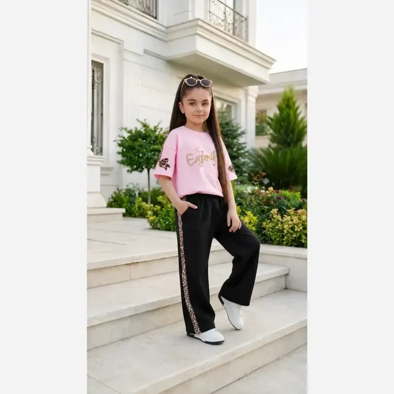 ست بلوز و شلوار دخترانه طرح Enjoy جنس پنبه لاکرادار و گلکسی سایز 45 تا 65 — تصویر ۷
