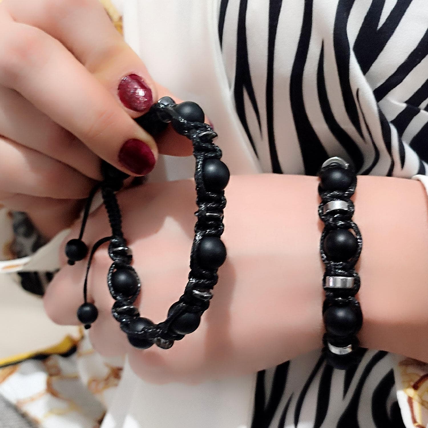 ست دستبند سنگ اونیکس بافت چرم za-n499 — تصویر ۲