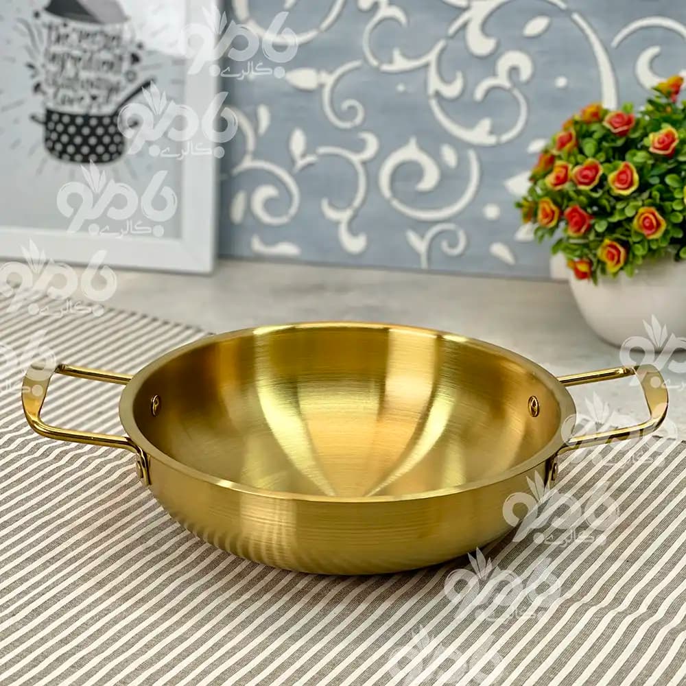 ماهیتابه دو دسته استیل طلایی وارداتی — تصویر ۵
