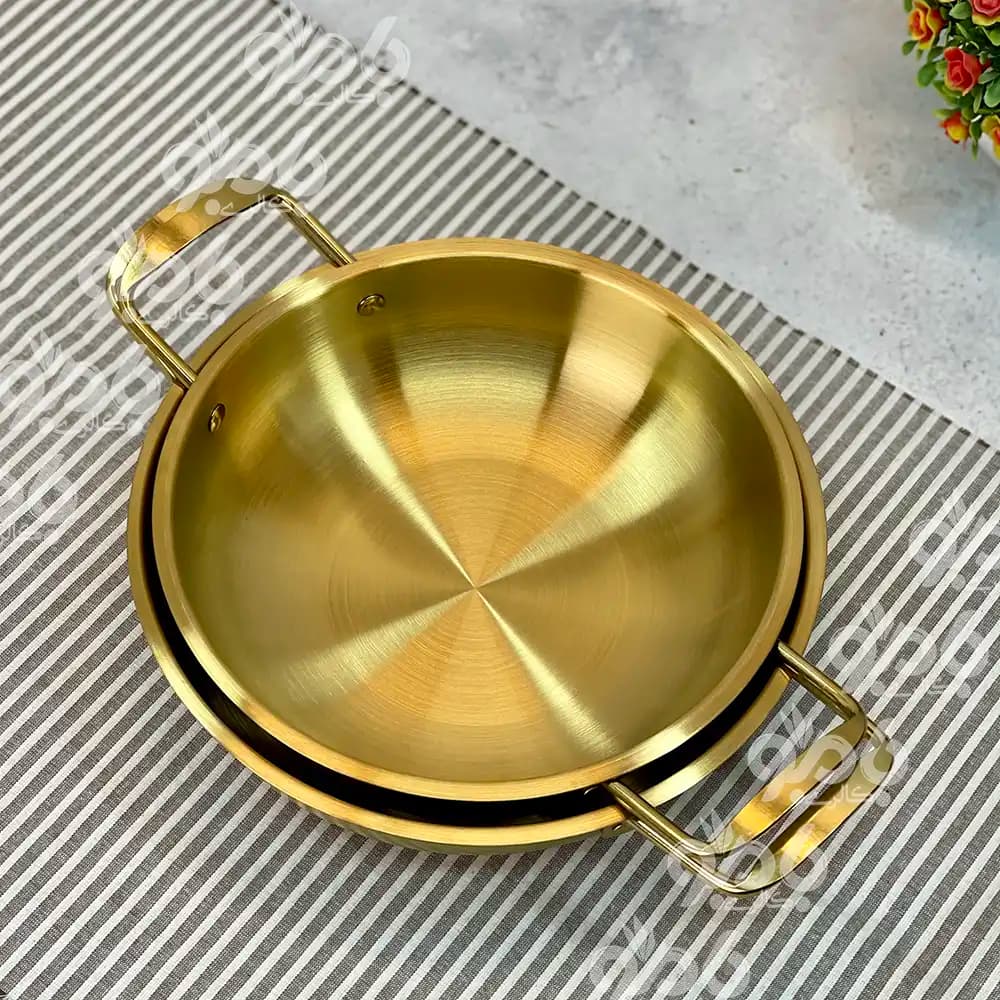 ماهیتابه دو دسته استیل طلایی وارداتی — تصویر ۲